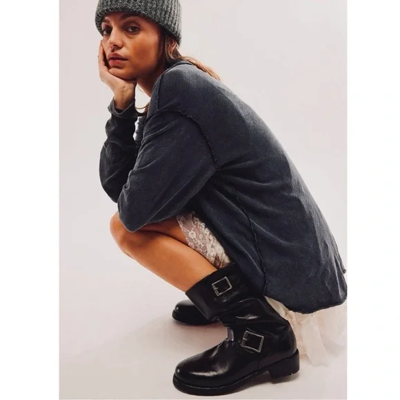 Free People Long Sleeve Cotton Relaxed Fit Top in Washed Black - Picture 2 of 11